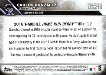 2016 Topps Update #US218 Carlos Gonzalez Back
