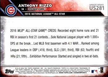 2016 Topps Update #US281 Anthony Rizzo Back