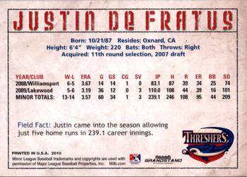 2010 Grandstand Clearwater Threshers #NNO Justin De Fratus Back
