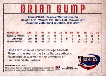 2010 Grandstand Clearwater Threshers #NNO Brian Gump Back