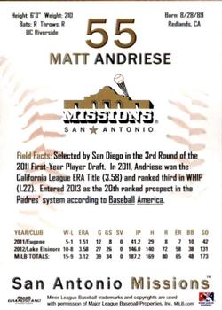 2013 Grandstand San Antonio Missions #NNO Matt Andriese Back