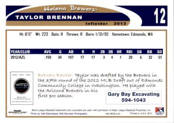 2013 Grandstand Helena Brewers #NNO Taylor Brennan Back