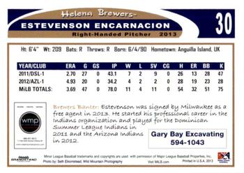 2013 Grandstand Helena Brewers #NNO Estevenson Encarnacion Back