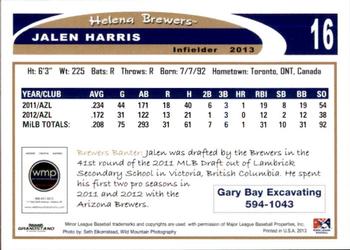 2013 Grandstand Helena Brewers #NNO Jalen Harris Back