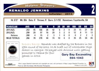 2013 Grandstand Helena Brewers #NNO Renaldo Jenkins Back