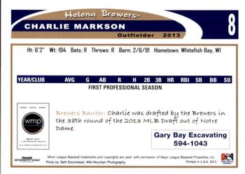 2013 Grandstand Helena Brewers #NNO Charlie Markson Back