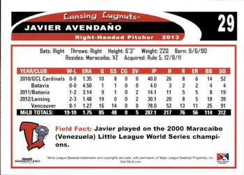 2013 Grandstand Lansing Lugnuts #NNO Javier Avendano Back