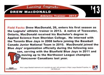 2013 Grandstand Lansing Lugnuts #NNO Drew MacDonald Back