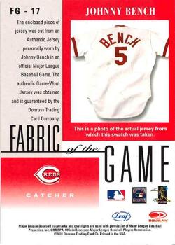 2001 Leaf Certified Materials - Fabric of the Game Base #FG-17 Johnny Bench  Back