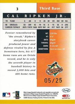 2001 Leaf Certified Materials - Mirror Gold #3 Cal Ripken Jr.  Back