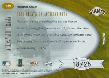 2001 Leaf Certified Materials - Mirror Gold #149 Carlos Valderrama Back