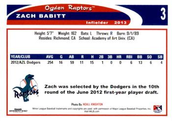 2013 Grandstand Ogden Raptors #NNO Zach Babitt Back