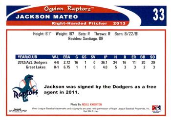 2013 Grandstand Ogden Raptors #NNO Jackson Mateo Back