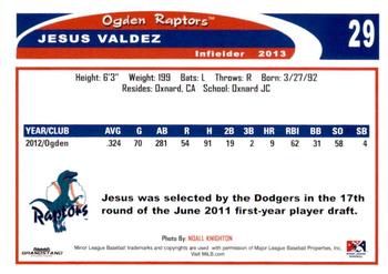 2013 Grandstand Ogden Raptors #NNO Jesus Valdez Back