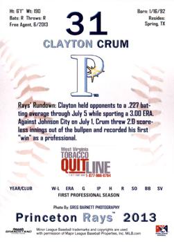 2013 Grandstand Princeton Rays #NNO Clayton Crum Back