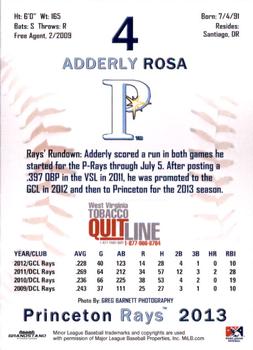 2013 Grandstand Princeton Rays #NNO Adderly Rosa Back