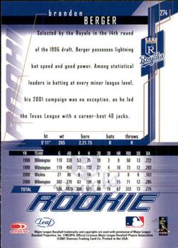2001 Leaf Rookies & Stars - Autographs #274 Brandon Berger Back