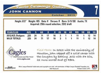 2013 Grandstand Rancho Cucamonga Quakes #NNO John Cannon Back