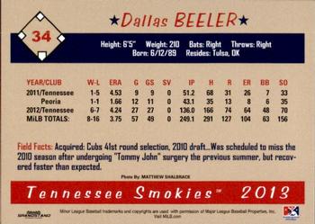 2013 Grandstand Tennessee Smokies #NNO Dallas Beeler Back