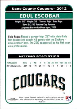 2012 Grandstand Kane County Cougars #NNO Edul Escobar Back