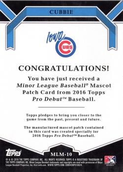 2016 Topps Pro Debut - Manufactured Minor League Mascot Patch #MLM-10 Cubbie Back