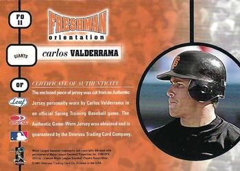 2001 Leaf Rookies & Stars - Freshman Orientation Autographs #FO11 Carlos Valderrama Back