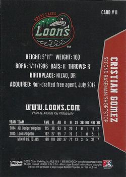 2016 Choice Great Lakes Loons #11 Cristian Gomez Back