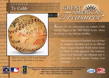 2001 Leaf Rookies & Stars - Great American Treasures #GT15 Ty Cobb Back