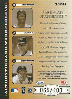 2001 Leaf Rookies & Stars - Triple Threads #TT-2 Frank Robinson / Cal Ripken Jr. / Brooks Robinson  Back