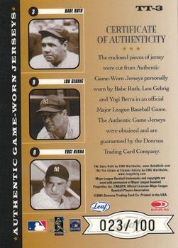 2001 Leaf Rookies & Stars - Triple Threads #TT-3 Babe Ruth / Lou Gehrig / Yogi Berra  Back