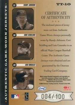2001 Leaf Rookies & Stars - Triple Threads #TT-10 Luis Gonzalez / Curt Schilling / Randy Johnson  Back
