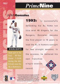1998 Upper Deck - Prime Nine #PN37 Juan Gonzalez Back