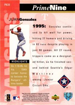 1998 Upper Deck - Prime Nine #PN39 Juan Gonzalez Back