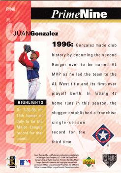 1998 Upper Deck - Prime Nine #PN40 Juan Gonzalez Back