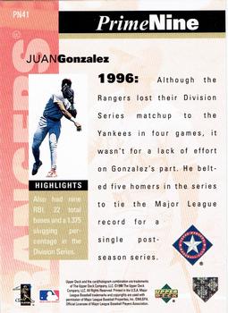 1998 Upper Deck - Prime Nine #PN41 Juan Gonzalez Back