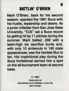 1991 Anchorage Bucs #6 Mark O'Brien Back