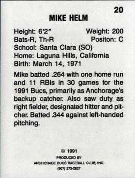 1991 Anchorage Bucs #20 Mike Helm Back
