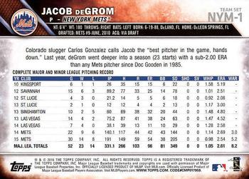 2016 Topps New York Mets #NYM-1 Jacob deGrom Back