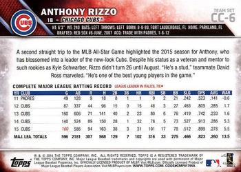 2016 Topps Chicago Cubs #CC-6 Anthony Rizzo Back