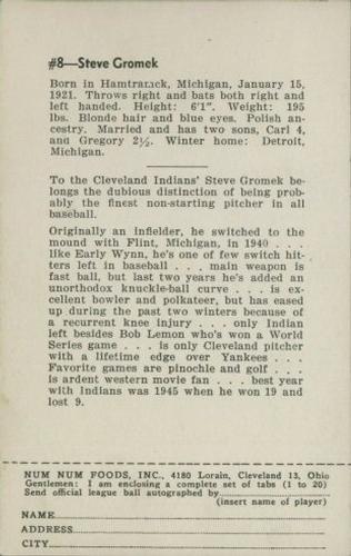 1952 Num Num Potato Chips Cleveland Indians #8 Steve Gromek Back