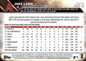 2016 Topps Arizona Diamondbacks #AD-5 Jake Lamb Back