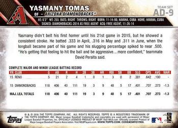 2016 Topps Arizona Diamondbacks #AD-9 Yasmany Tomas Back