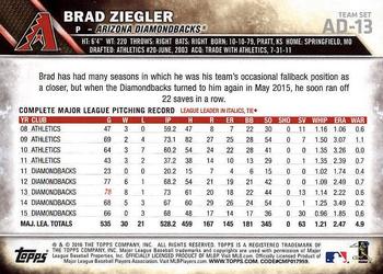 2016 Topps Arizona Diamondbacks #AD-13 Brad Ziegler Back