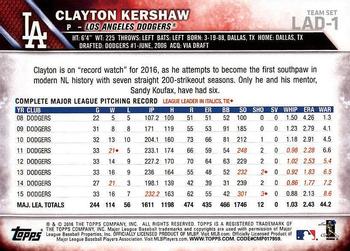 2016 Topps Los Angeles Dodgers #LAD-1 Clayton Kershaw Back