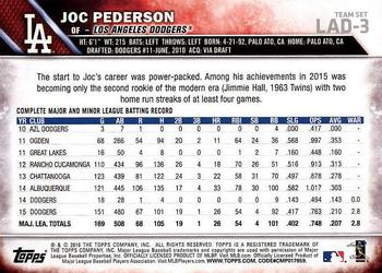 2016 Topps Los Angeles Dodgers #LAD-3 Joc Pederson Back
