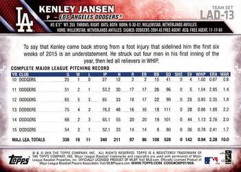 2016 Topps Los Angeles Dodgers #LAD-13 Kenley Jansen Back