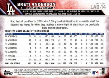 2016 Topps Los Angeles Dodgers #LAD-14 Brett Anderson Back