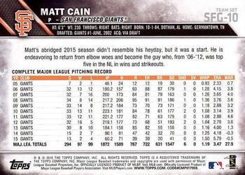 2016 Topps San Francisco Giants #SFG-10 Matt Cain Back