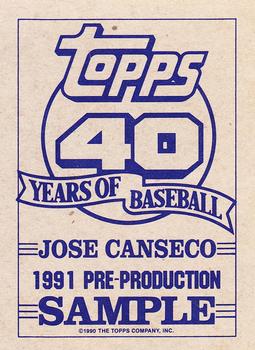1991 Topps - Pre-Production Sample Panel Singles #NNO Jose Canseco Back