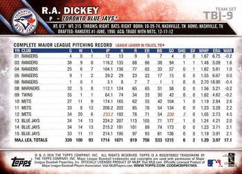2016 Topps Toronto Blue Jays #TBJ-9 R.A. Dickey Back